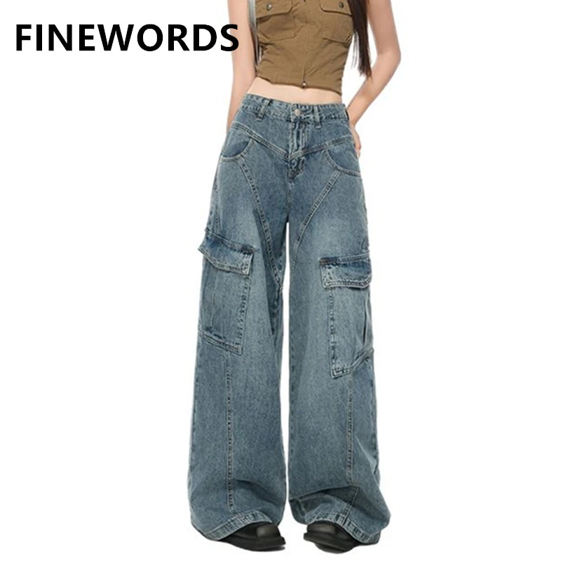 FINEWORDS Retro Casual Korean Jeans Women Streetwear High Waist Jean Easymatch Full Length Wide Leg Denim Baggy Pants