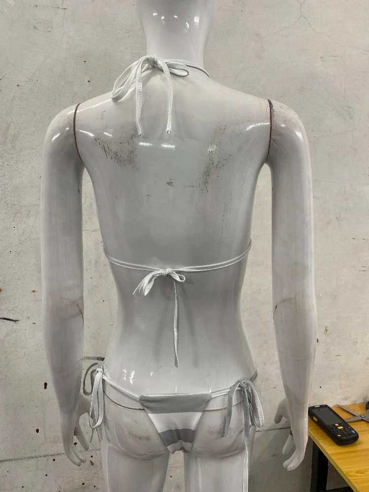 Conjunto de bikini de rayas gris y blanco, conjunto de vacaciones de playa informal de ladrillo caliente, ropa sexy de encaje para el verano