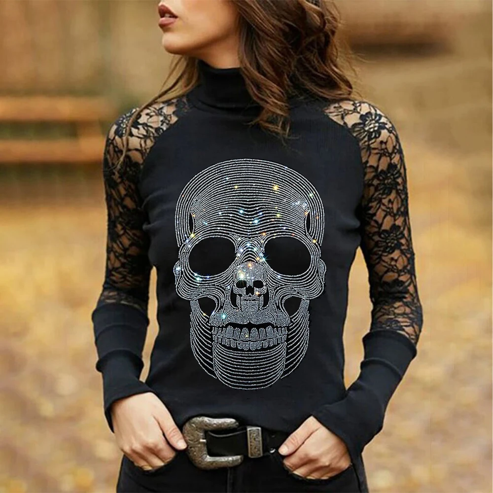Fashion Spider Hot Drill Print Ladies T-Shirt Solid Lace Sexy Women TShirt Y2k Gothic Tee Long Sleeve Shopping Clothing Tops New