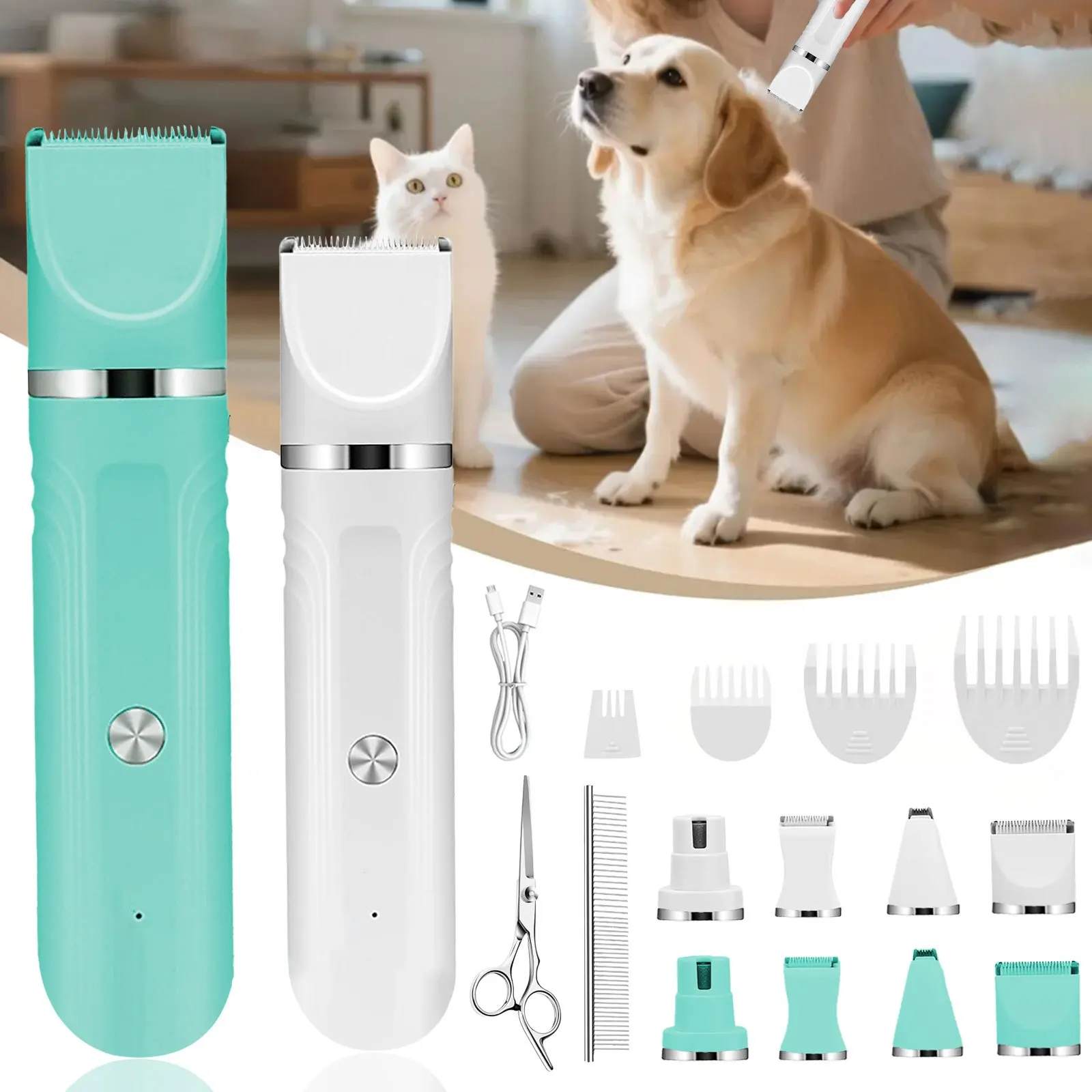 6 in 1 Pet Grooming Set with Steel Clippers Steel Comb, Rechargeable Pet Grooming Liquid, Shaver for Thick Hair, Heavy Duty Coat Butt Shaver Cordless Pet Hair Clipper for Dogs And Other Small Animals, Perfect Gift for Pet Lovers