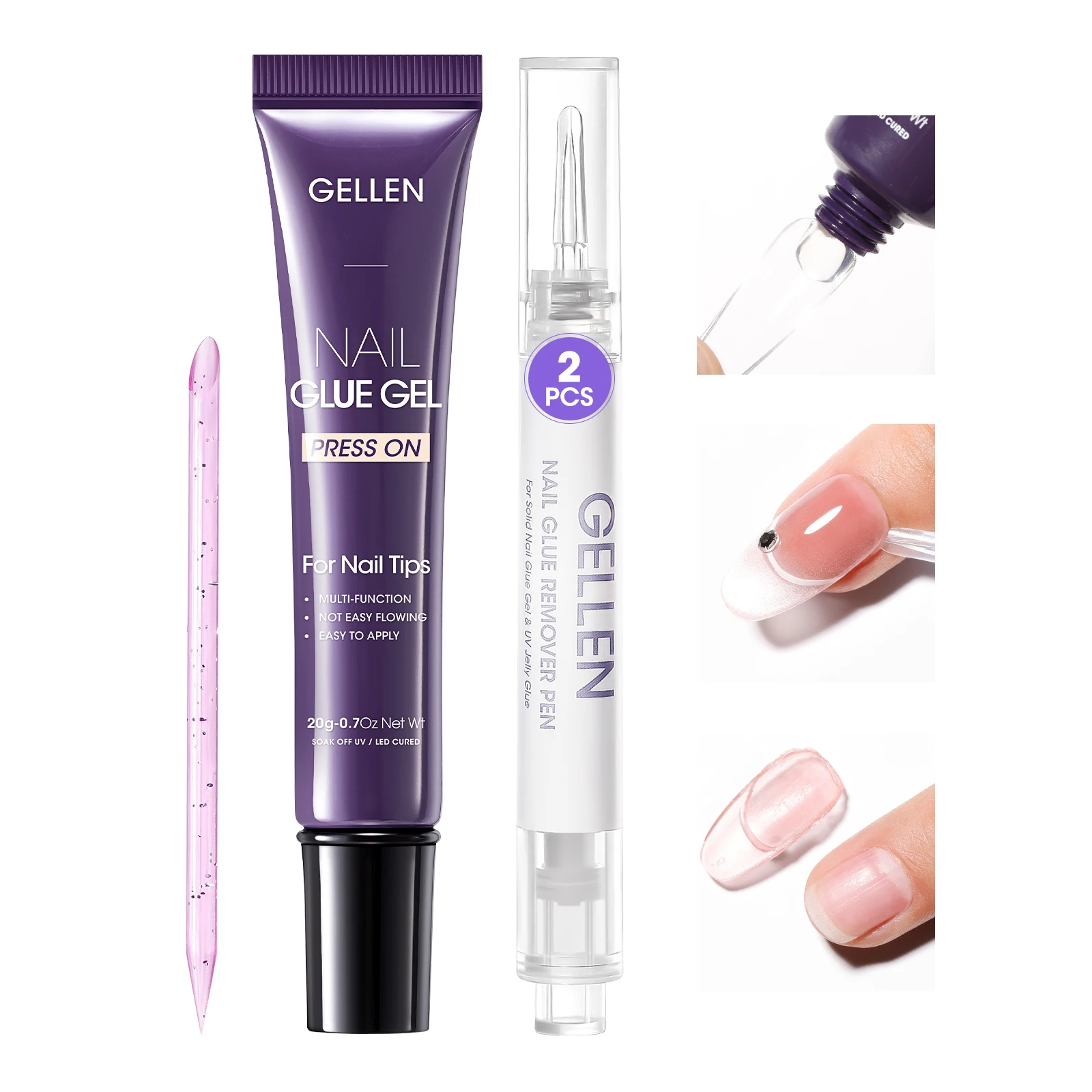 GELLEN Nail Glue Remover Kit Strong UV Gel Adhesive Press On Nails Long Lasting Semi Solid Acetone Free Gentle Manicure DIY