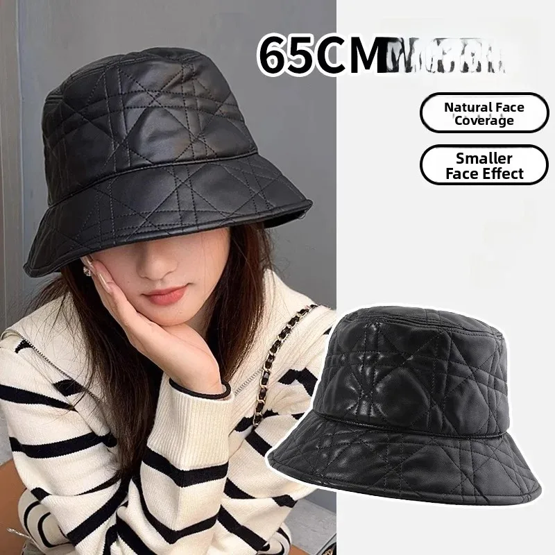 Leather Bucket Hat Women's Autumn Winter Vintage Plaid Fisherman Cap Small Face Effect High Atmosphere Sense JOSEN LIGHTING B...