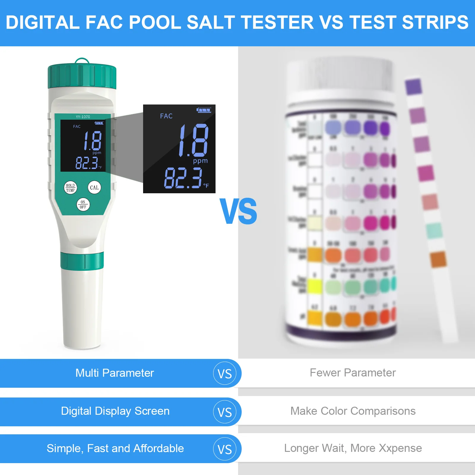 7 in 1 PH/Free Chlorine/ORP/EC/TDS/Salinity/Temp Water Quality Analyzer CL pH Meter Pool Salt Tester for Aquarium Aquaculture