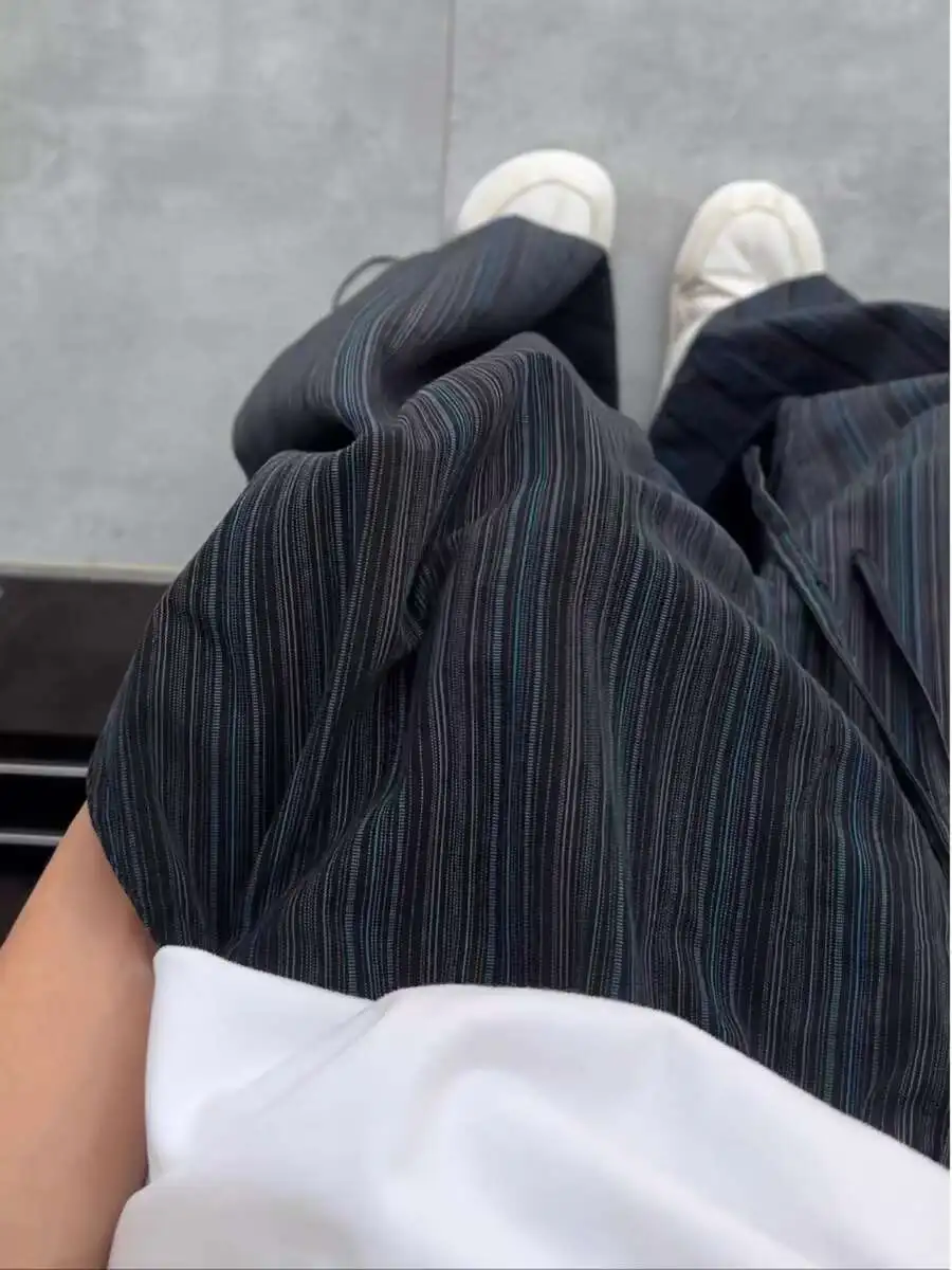 Man Women Striped Design Wide Leg Pants Floor Length Pants High Street Couple's Loose High Waist Casual Pants