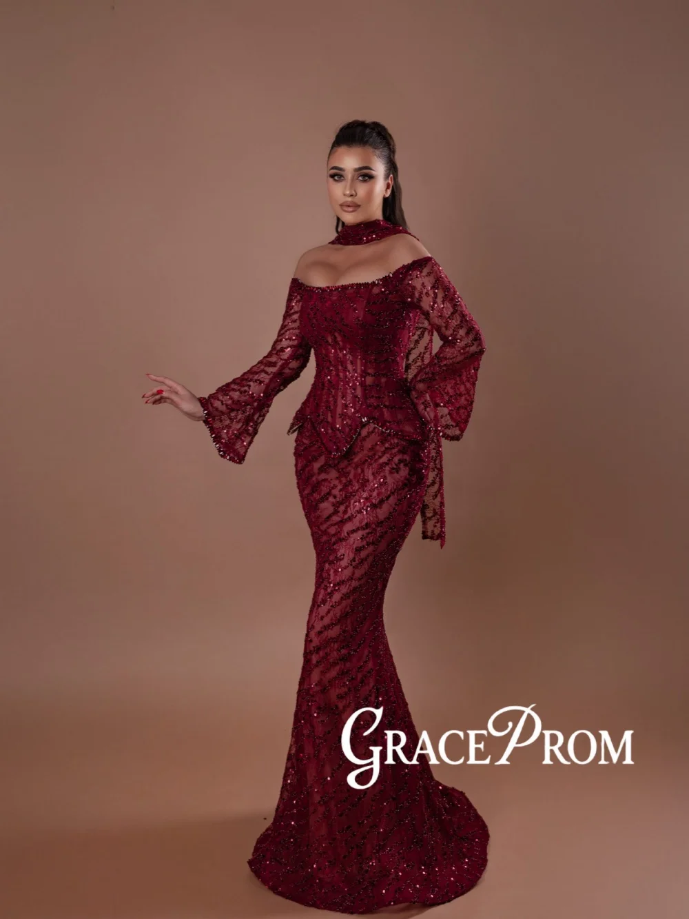 

Burgundy Luxury Beaded Evening Dress With Corset Lace Mermaid Long Banquet Gown New Customized Off Shoulder Red Carpet Gowns