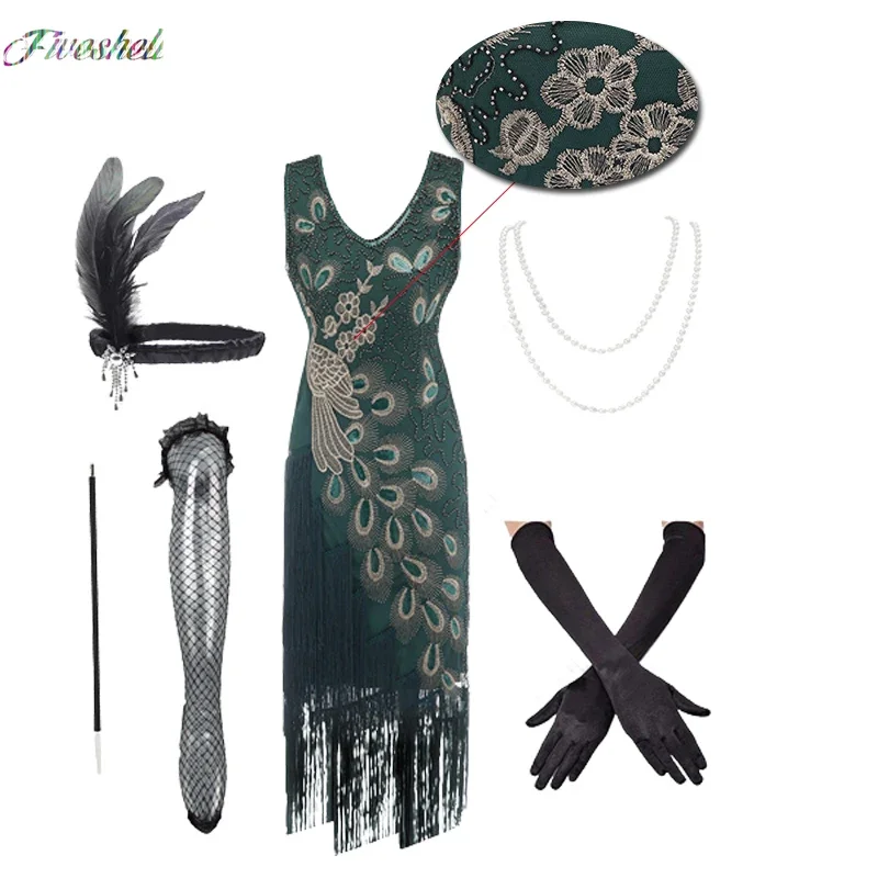 1920s gaun Fashion wanita berpayet merak, gaun Flapper berjumbai Gatsby Vintage gaun pesta Roaring 20s