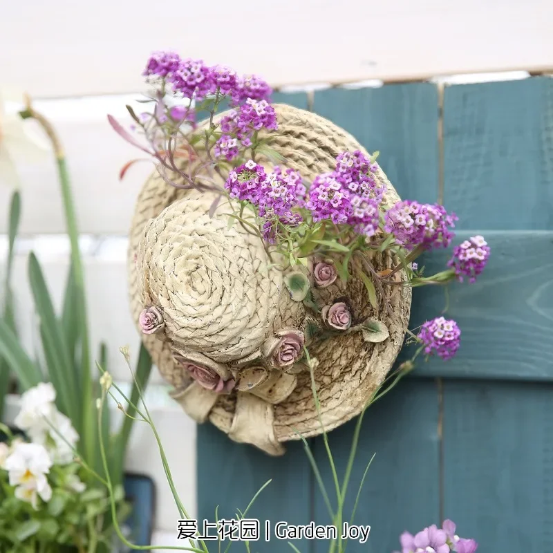 Magnesium oxide resin straw hat flower pot wall hanging decoration courtyard handmade old depth slightly color difference