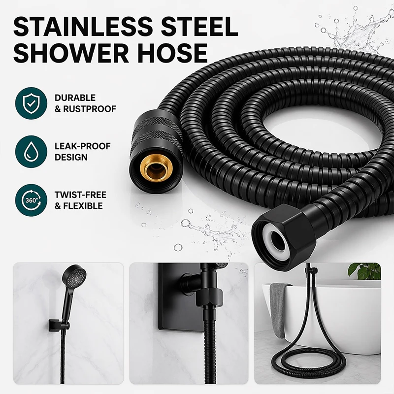 Black Stainless Steel Shower Hose 1.5/2m, High Density Braided Burst-Proof, High Temp Resistant,Brass Nuts, Bathroom Accessories