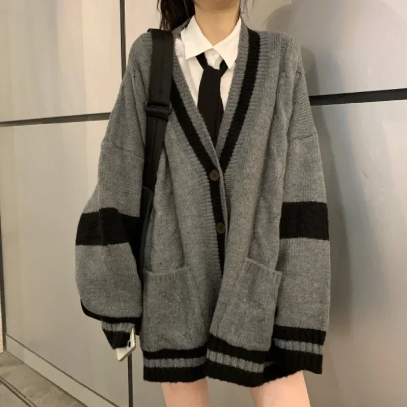 Cardigan Women Striped Knit Sweater V Neck Coat Spliced Button Pocket Jumpers Elegant Loose Vintage Thick Coats Jumpers