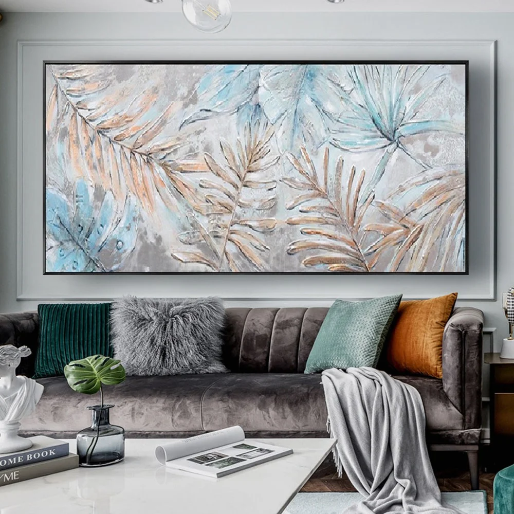 لوحة تجريدية مرسومة يدويًا على قماش الكانفاس لوحة جدارية أوراق زرقاء وفضية صور زهور حديثة لغرفة المكتب ديكور منزلي شمالي
