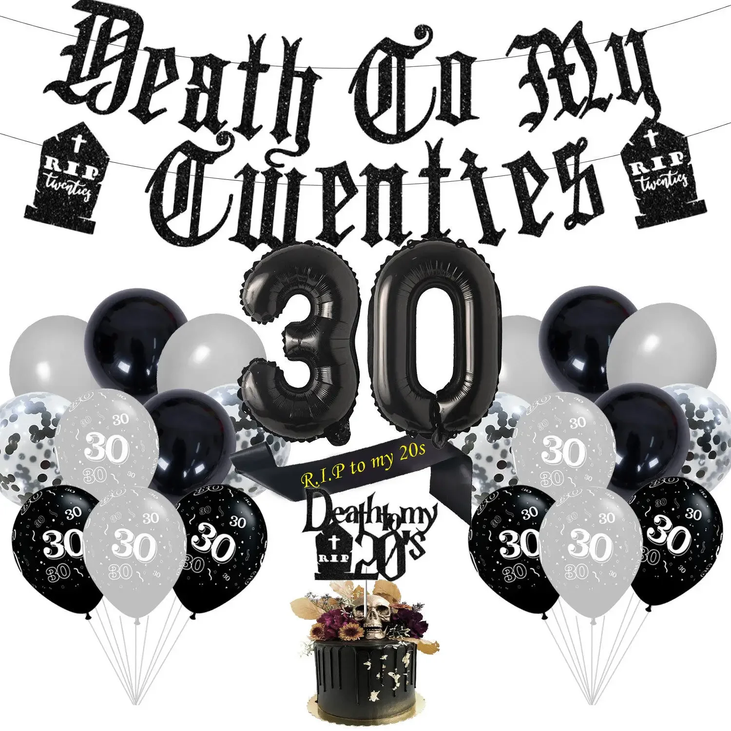 Death To My Twenties Decorations Rip Twenties Themed Balloons Banner RIP TO MY 20S Cake Topper for 30th Birthday Party Decor