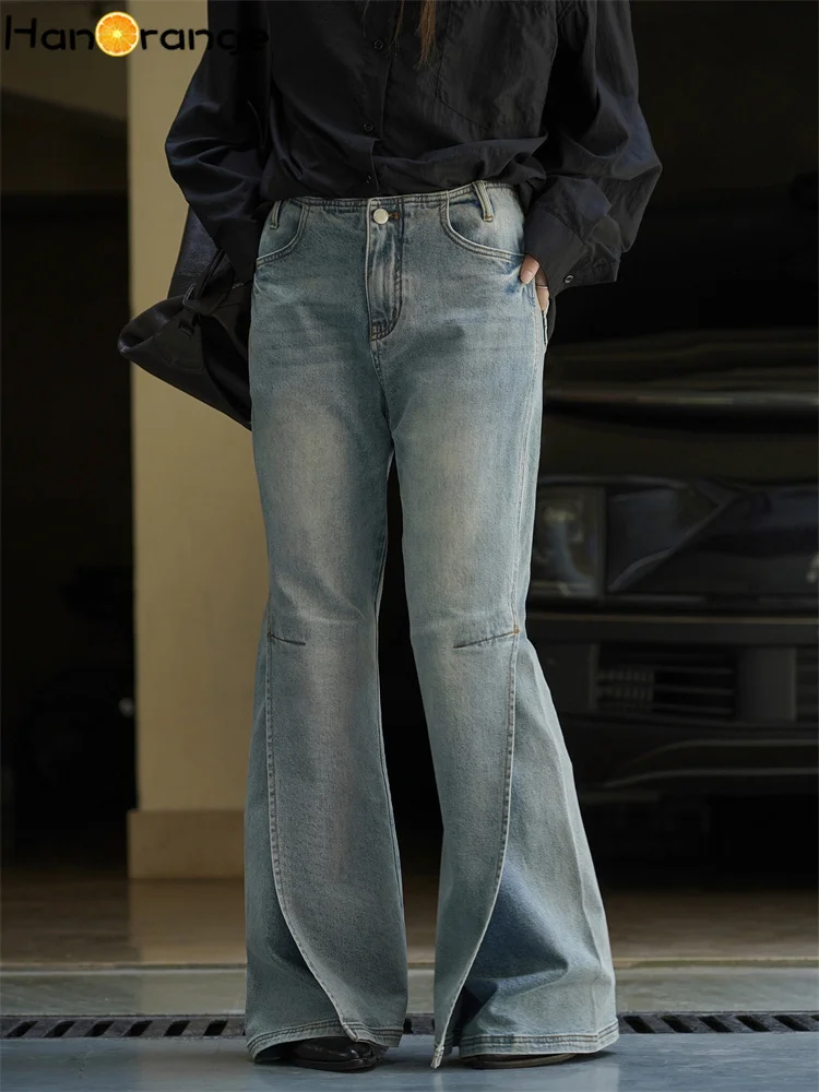 

HanOrange 2025 Early Autumn Retro Split Slightly Flared Floor Jeans Women Loose Wide Leg Trousers Light Blue