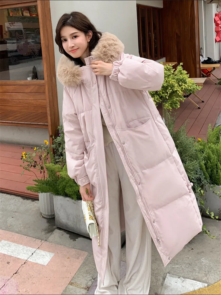 Down Jacket Women Long Length Detachable Fox Fur Collar Hooded 2024 New Winter Waterproof Thermal Goose Down Down Jacket