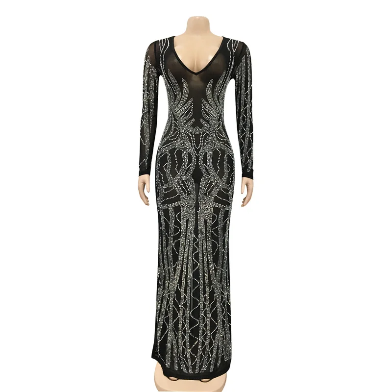 سباركلي كريستال حجر الراين Bodycon فستان ماكسي المرأة الزفاف مساء شبكة شير كلوبوير عيد الميلاد حفلة فستان طويل Vestido Longo