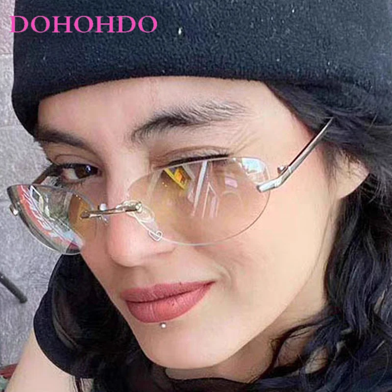 

Vintage Fashion Frameless Metal Oval Sunglasses Women Men Luxury Brand Designer Classic Travel Driving Sun Glasses Female UV400