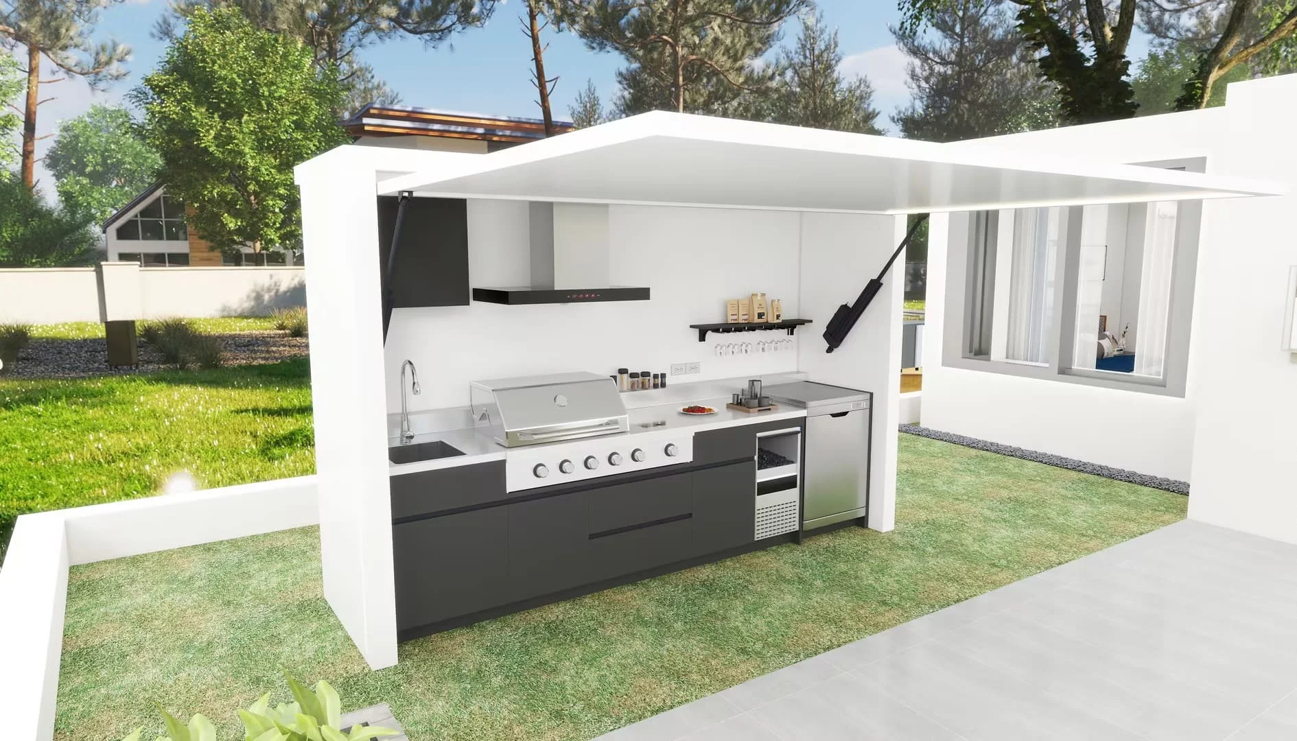 Gas Grill with Shed, Customisable, Outdoor Pergola Modern Outdoor Furniture Cottage with Stainless Steel Kitchen Cabinets