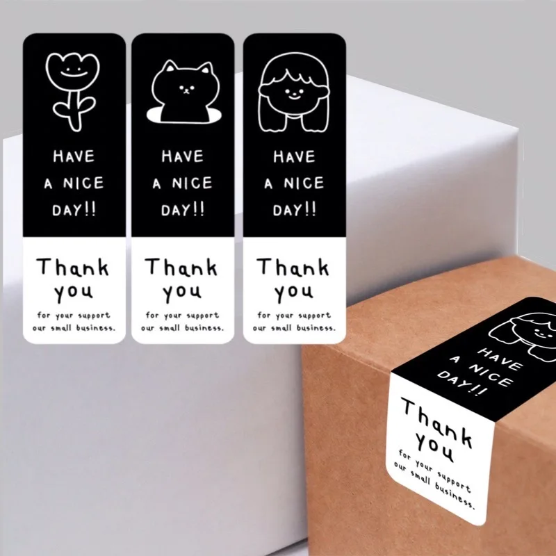 3*9 Black Rectangular Thank You Sticker Gift Box Packaging Seal Sticker Bouquet Coffee Cup Shop Packaging Decorative Sticker