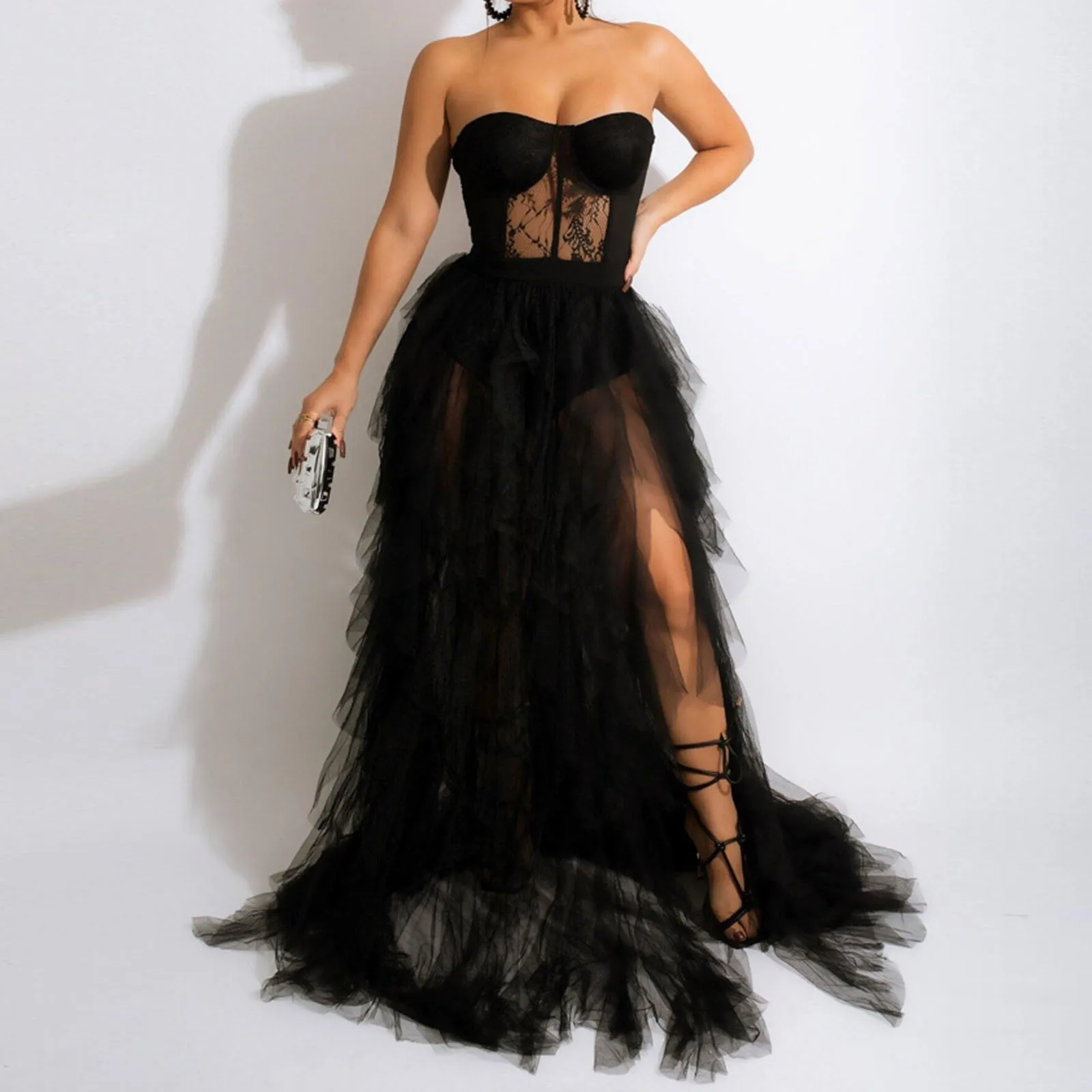 

Women Elegant Party Dresses See Through Lace Mesh Corset Maxi Dress Strapless Hollow Tulle Black Red Dress Luxury Evening Gown