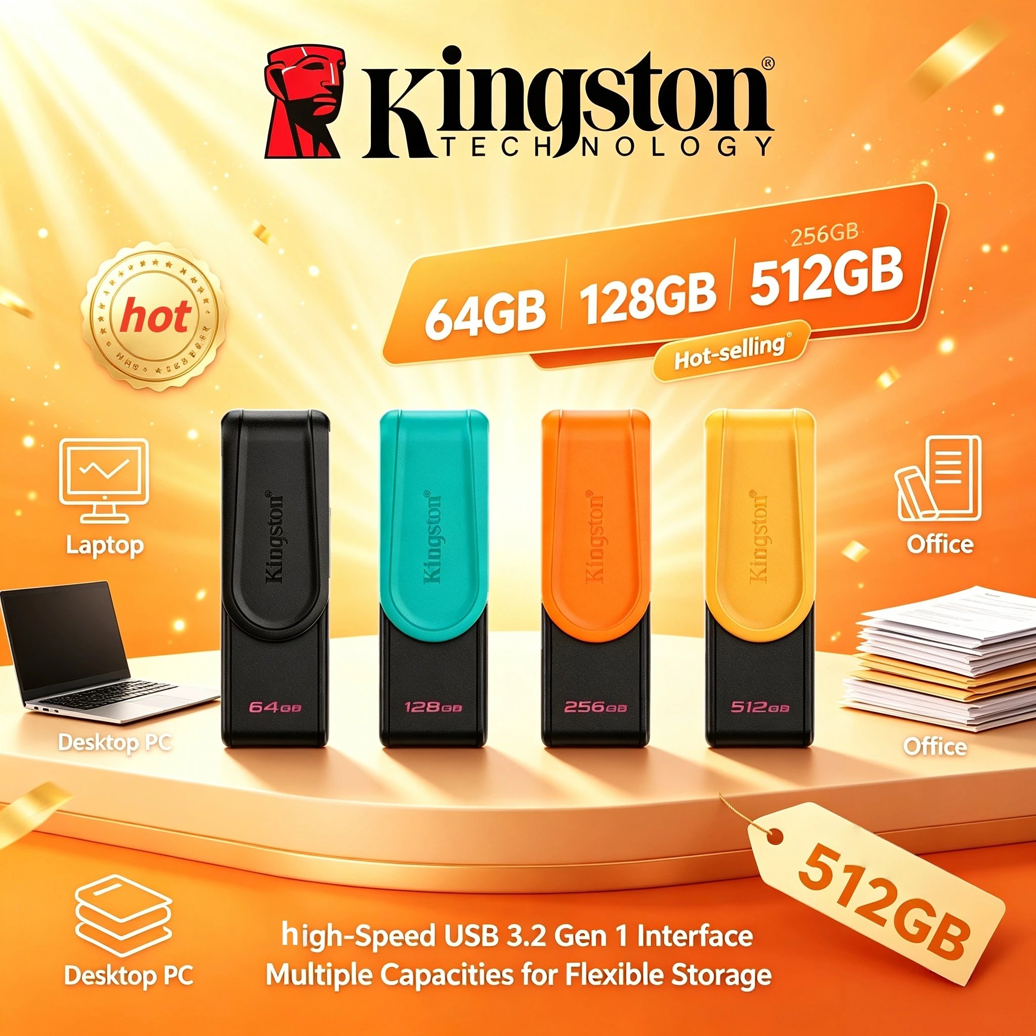 Kingston Key Mini USB 32 Gen1 Flash Drive 64GB 128GB 256GB Pen Drive Memory Stick High Speed for Desktop PC Laptop Office Use