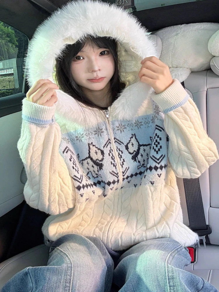 سترة نسائية كلاسيكية بقلنسوة من الفرو الصناعي الأمريكي سترة نسائية كبيرة الحجم مطبوعة برسومات كلاب لطيفة سترة متماسكة ملابس خارجية شتوية مريحة #5