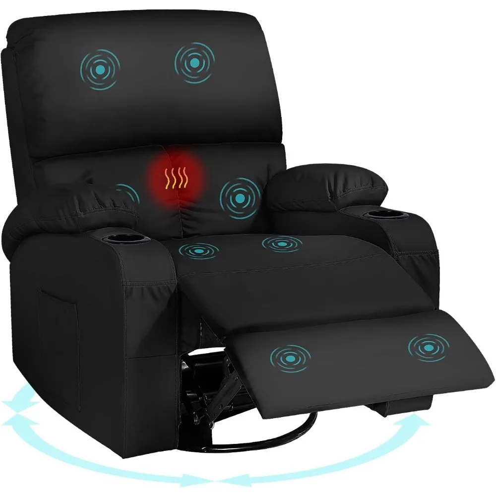 Rocking Recliner Chair with Massage, Heat, and Dual Charging Ports, Faux Leather, Versatile for Various Rooms, Black