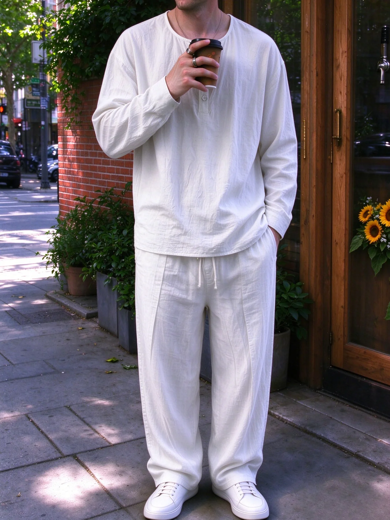 Men 2‑Piece Linen Outfit Set, Long Sleeve Henley Neck Shirt and Loose Straight Drawstring Pants, Casual Breathable Summer Daily