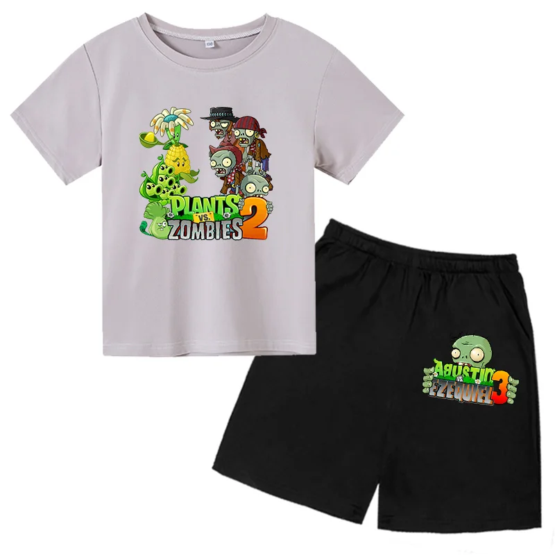 Children T-shirts Suits 2-12 Years Boys Girl Casual Tops Short Sleeve Clothes Sets Plant Anime Zombie game Printing Summer 2Pcs