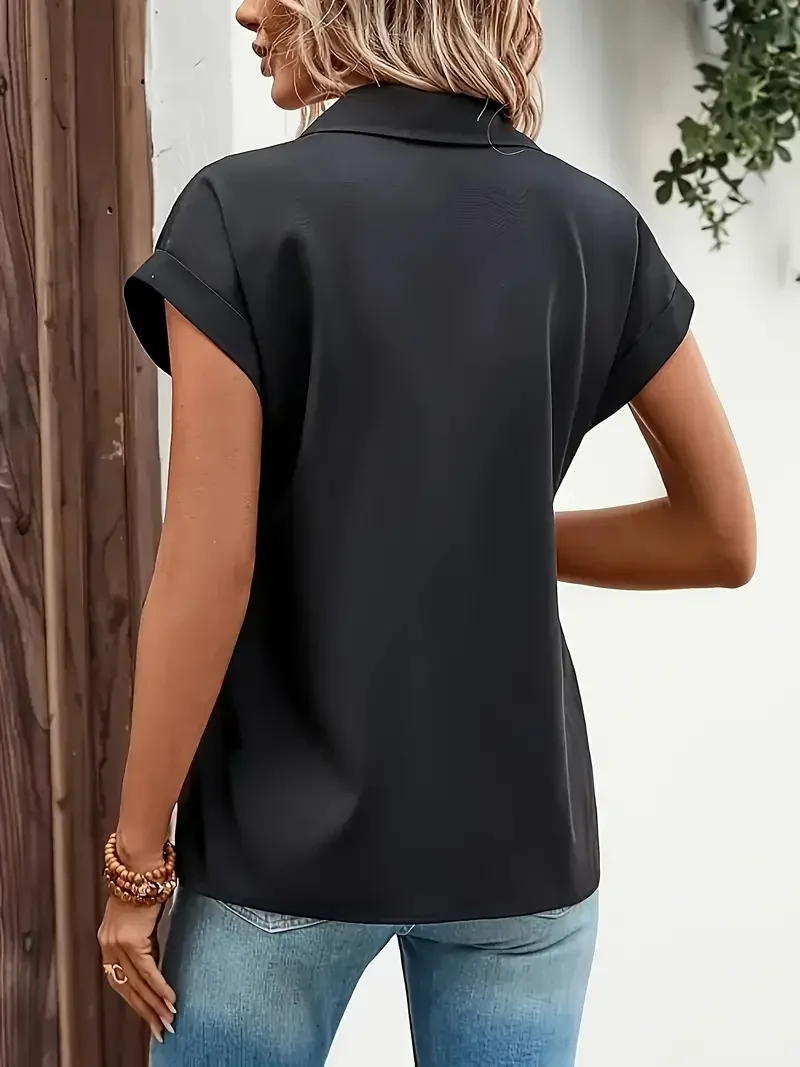 السيدات عادية حجم كبير 1XL-5XL قصيرة الأكمام أنيقة بلون قميص المرأة السوداء زمم بلوزة زر التلبيب بلوزة قميص