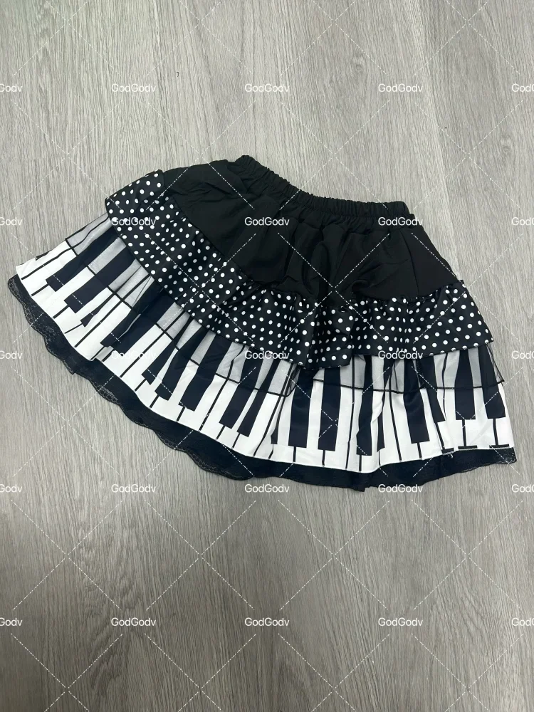 IMU American Vintage Black White Piano Keys Skirts Y2k Slim Waist Ruched A-line Skirt Women 2026 Summer New Korea Style Chic Muj