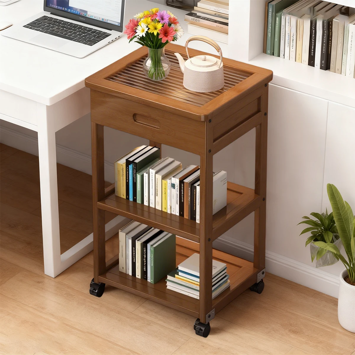 Modern Minimalist 4-Tier Bamboo Glass Cart with Pull-Out Drawer & Wheels, Boho Mid-Century Bedroom/Living Side Table for Small S