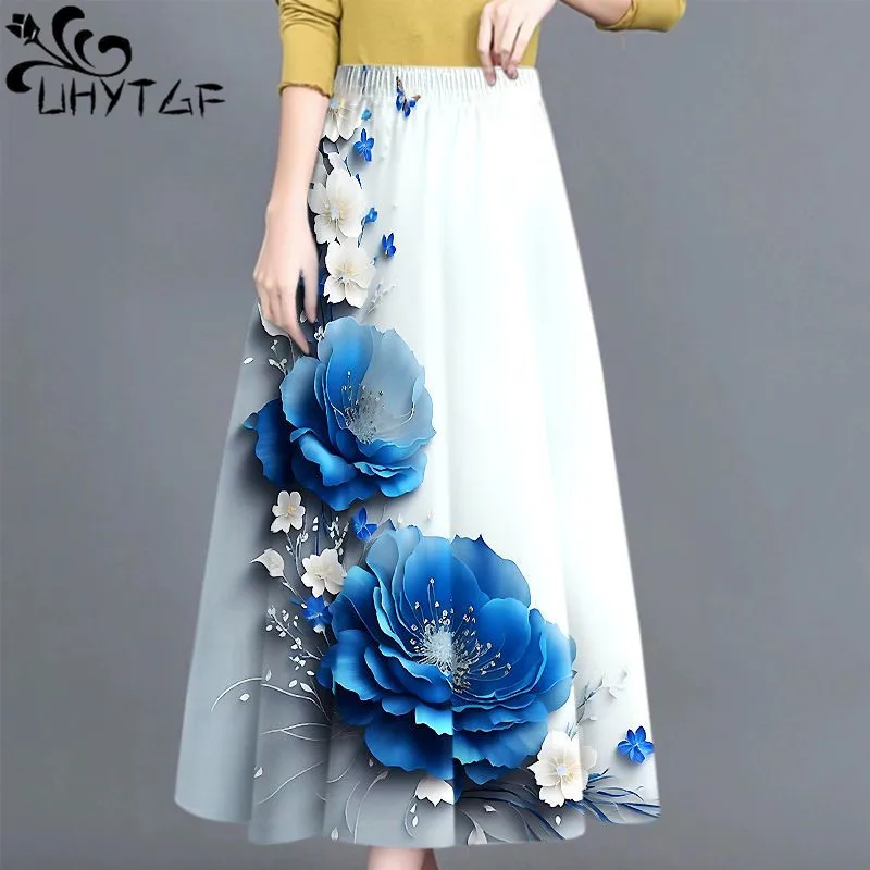 

High Waist Skirt Women's 2024 New Fashion Print Skirt With Large Swing Shows Slim Covering Meat Over The Knee Female Skirts 2593