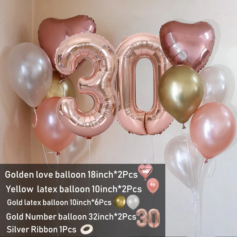 1set Rose Gold Birthday Balloon Set With 32inch Number Balloons Heart Foil Balloons For Ceremony Party Aniversary Decoration