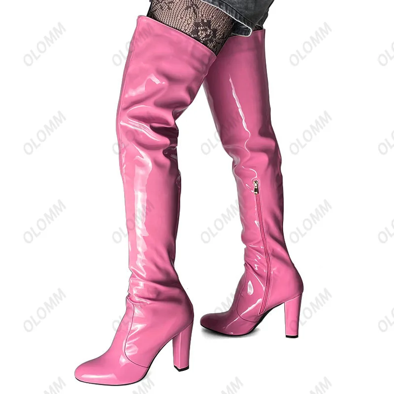 OLOMM 2025 Women Winter Thigh Boots Square Heels Boots Nice Round Toe Gorgeous Apricot Purple  Party Shoes Ladies US Size 5-20