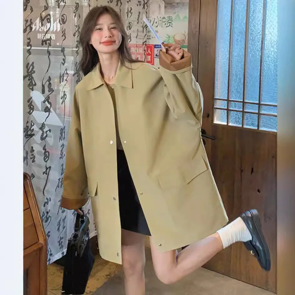 

SuperAen Retro Khaki Casual Loose Long Trench Coat Women's Spring and Autumn New England Style Oversize Fashion Coat