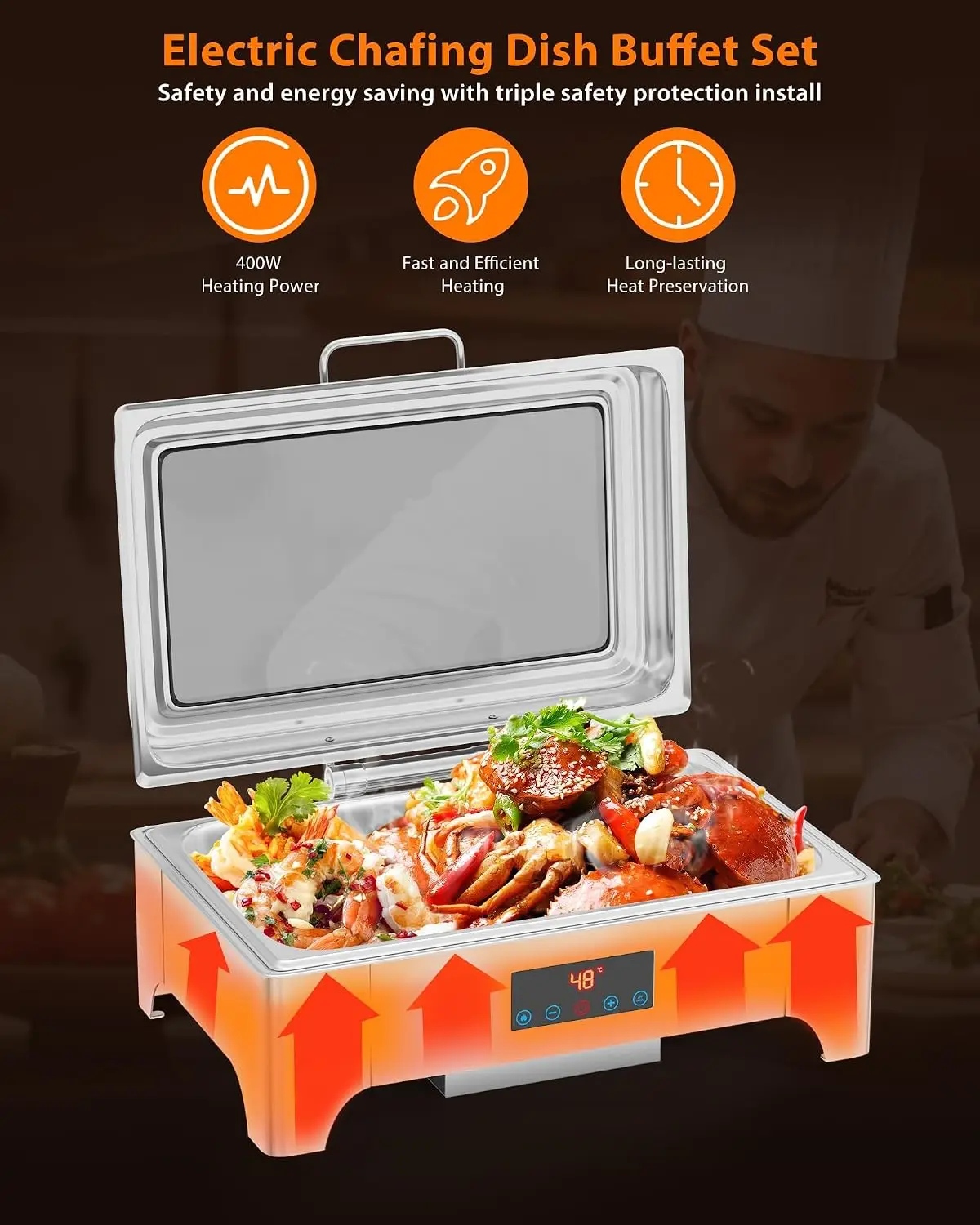 Tacleekii 9QT Electric Chafing Dish, Full Size Touch Screen Chafing Dishes for Buffet Roll Top Set with Glass Lid for Parties Catering Wedding