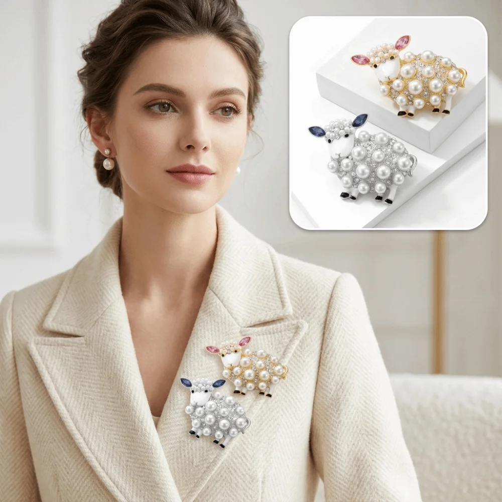 Pearl Sheep Brooch Rhinestone Cute Sheep Shape Cardigan Closure Pin Creative Style Versatile Coat Closure Pin