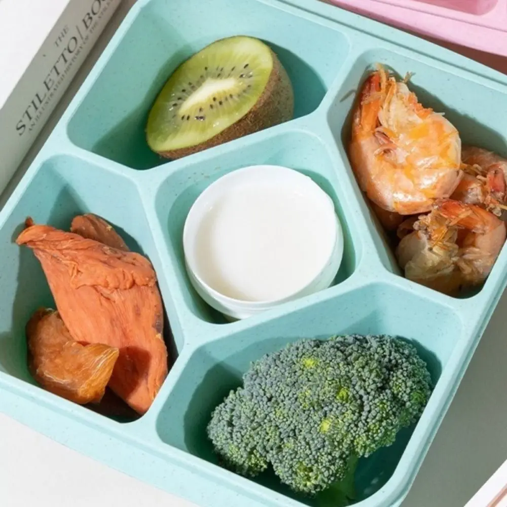 

New Wheat Straw Snack Containers 5 Compartments Reusable Food Storage Boxes Microwave Safe Snack Tray with Lids for Adults