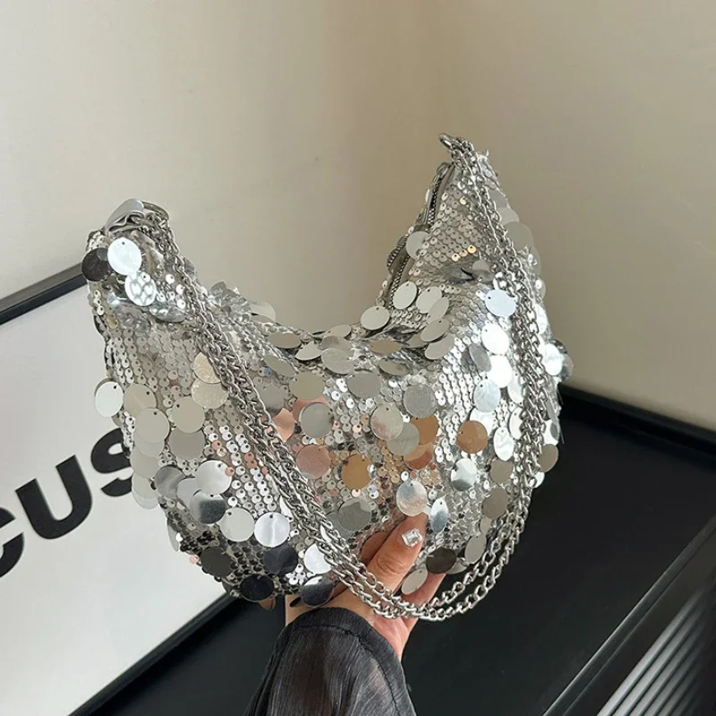 

Женская вечерняя сумка-хобо с блестками, на цепочке