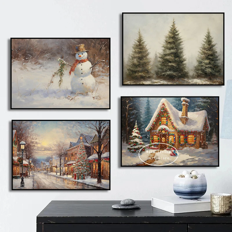Christmas Santa Claus Country Farmhouse Elk Cat Snow Tree Forest Canvas Painting Winter Landscape Poster Print Room Home Decor