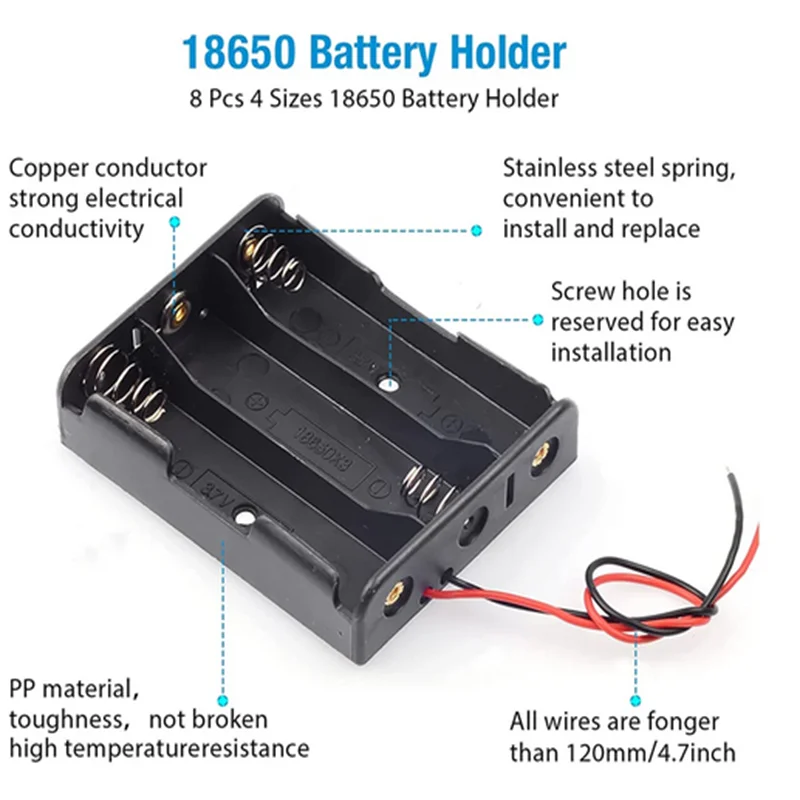 7PCS 18650 Battery Holder Bundle with Wire 18650 Battery Holder Case 3.7V 3 Slot DIY Battery Storage Boxes 1/2/3/4 Slot Black