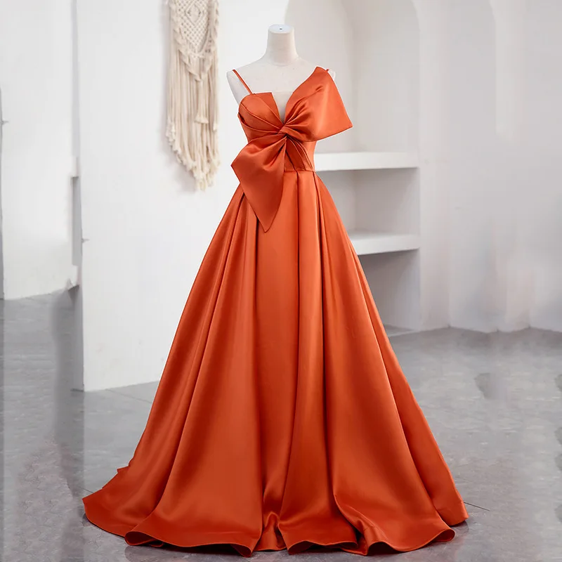 

Mingli Tengda Elegant Ladies Banquet Elegance Long Slim Satin Fine Shoulder Strap Evening Dress with Bow Formal Occasion Dresses