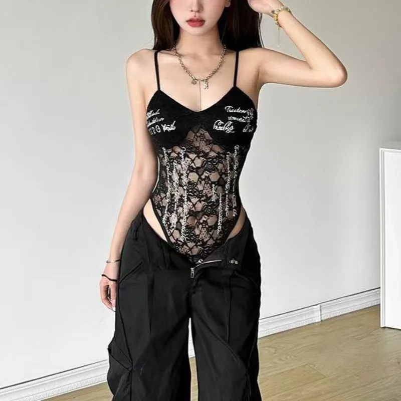 

Сексуальные женские боди на шнуровке с буквенным принтом, U-образный воротник, ажурные сетчатые боди без рукавов, стройные корейские наряды Hottie