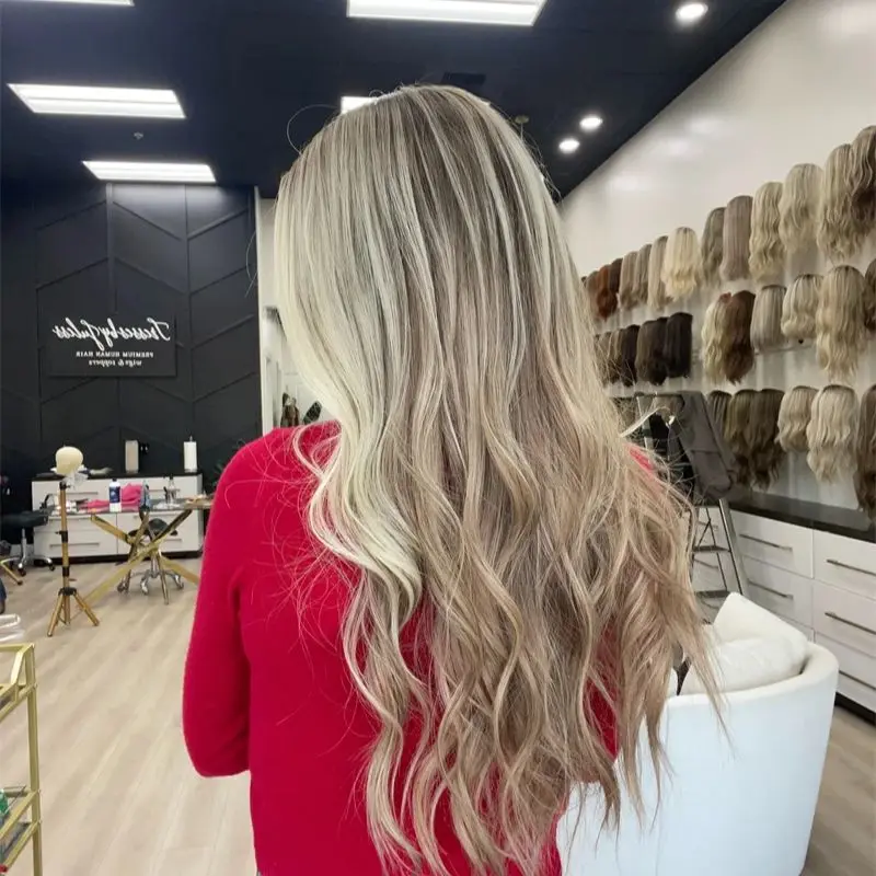 Ombre Ash Blonde with Brown Streaks Synthetic Lace Top Wigs Highlights Natural Hairline Loose Wave Ladies Wig Heat Resistant