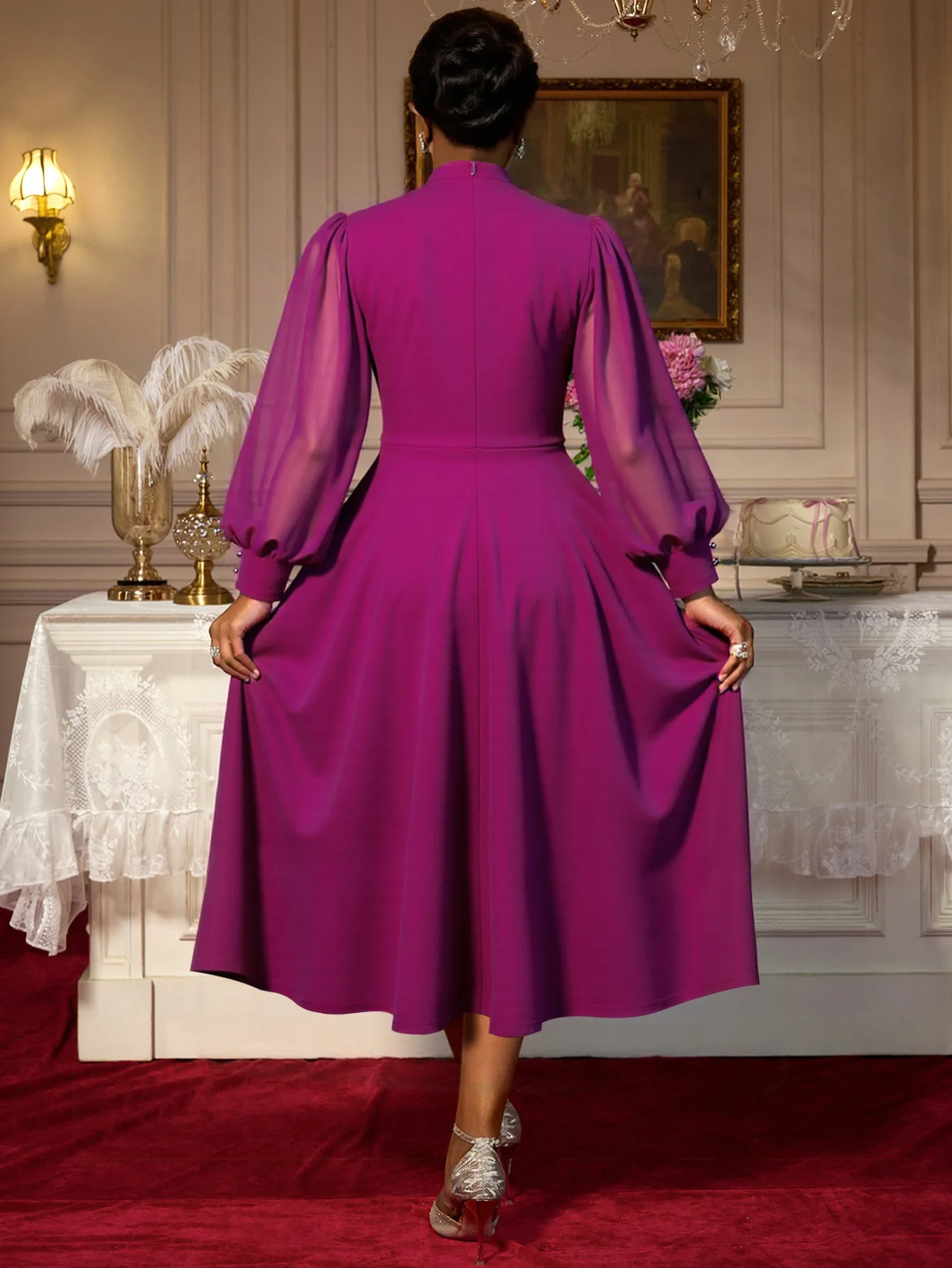 우아한 중간 길이 드레스 여성용 대형 사이즈 하이 칼라 컷아웃 디자인 쉬폰 랜턴 소매 라인스톤 이브닝 가운