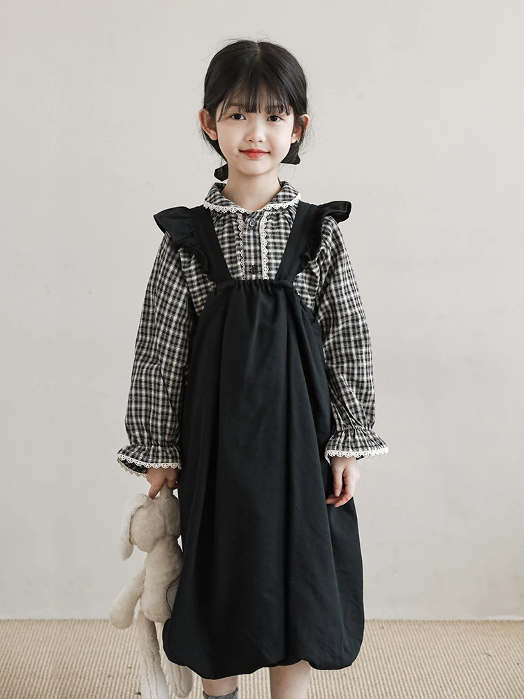 

Girls' Shirt Long Sleeve Spring and Autumn Youth Children's Wear Checkerboard Vintage Top Strap Dress Baby Girl Clothes 7-12y