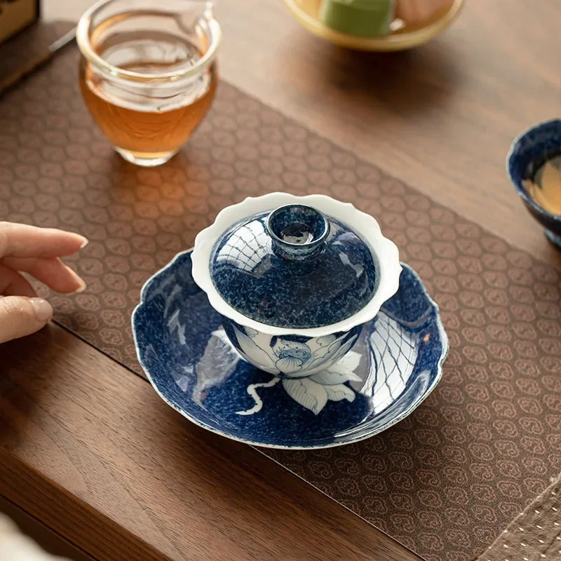 Rock Mine White Sprinkle Blue Pick White Lotus Cover Bowl Household Anti-scalding Ceramic Tea Bowl High-end Kung Fu Tea Bowl