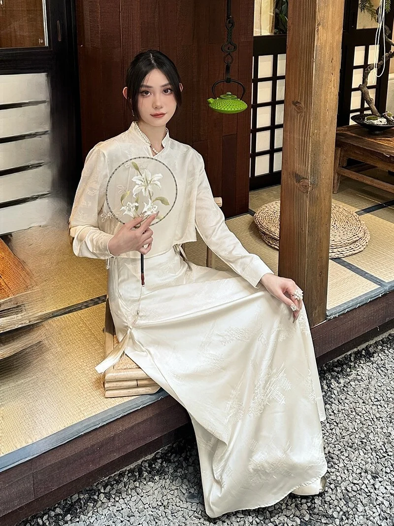 

New Chinese Sle Sensation Women's Faion Set Viscose Drapery f-length Skirt Long Sve round Ne Button Closure Two-p...