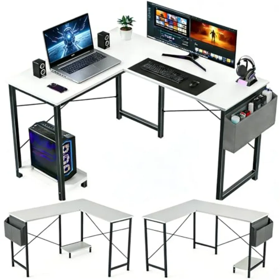 

Угловой компьютерный стол для домашнего офиса с подставкой для системного блока, полкой и подвесным карманом для хранения, прочный письменный стол для учебы и работы