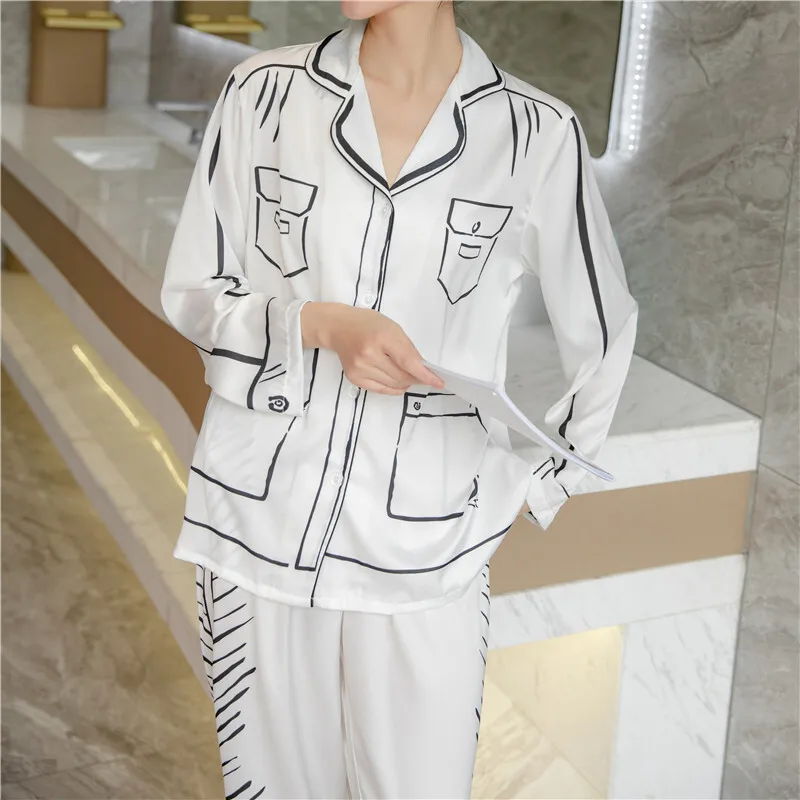 2025 Spring Summer White Ice Silk Pajamas Women Two Piece Set Chill Style Fashion Nightgown Sleepwear Long Sleeve Pant Nightwear