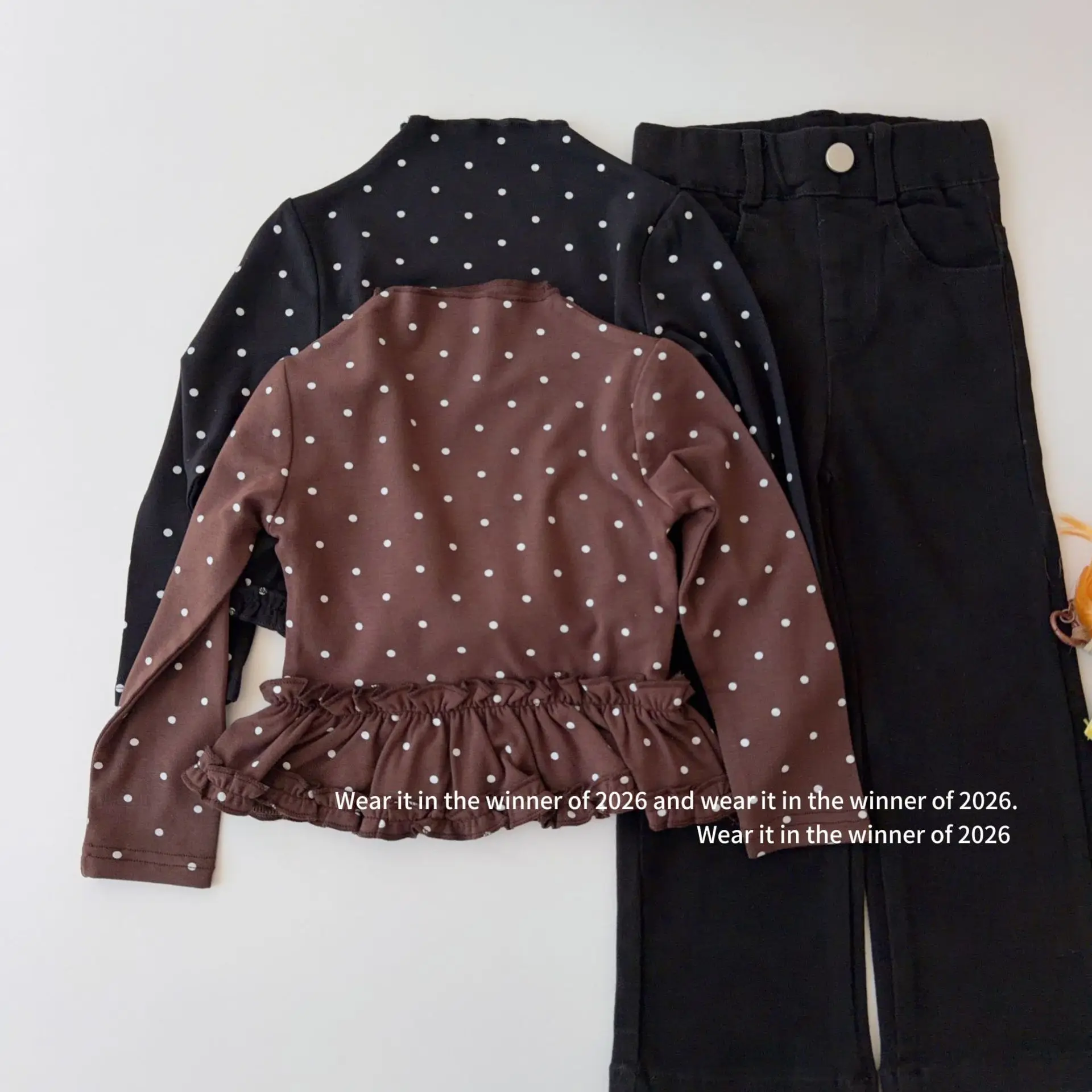 2026 Girls Fall All Over Polka Dot Patchwork Ruffled Korean Baby Girl Loose Short Long Sleeve Versatile Undershirt